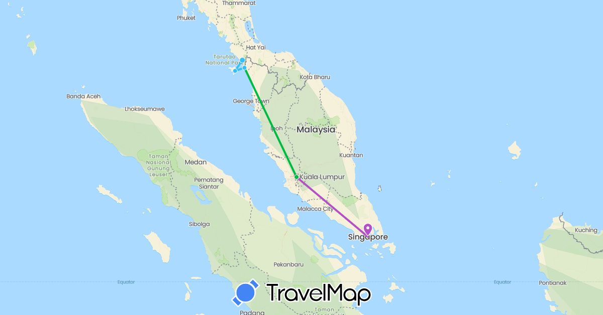 TravelMap itinerary: driving, bus, train, boat in Malaysia, Singapore, Thailand (Asia)