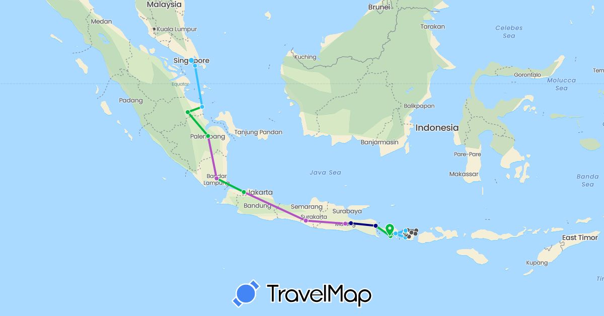 TravelMap itinerary: driving, bus, train, boat, motorbike in Indonesia, Singapore (Asia)