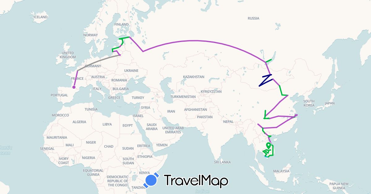 TravelMap itinerary: driving, bus, plane, train, hiking, boat in China, Estonia, France, Cambodia, Lithuania, Latvia, Mongolia, Russia, Vietnam (Asia, Europe)