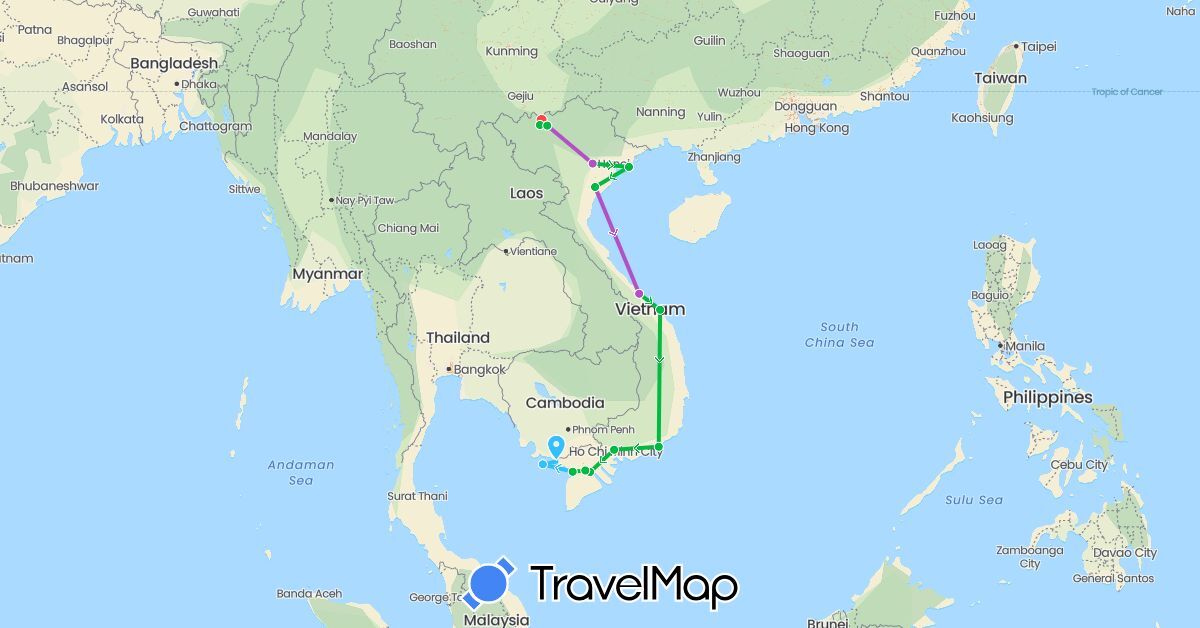 TravelMap itinerary: driving, bus, train, hiking, boat in China, Vietnam (Asia)