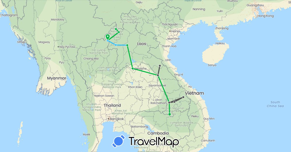 TravelMap itinerary: driving, bus, boat, motorbike in Laos (Asia)